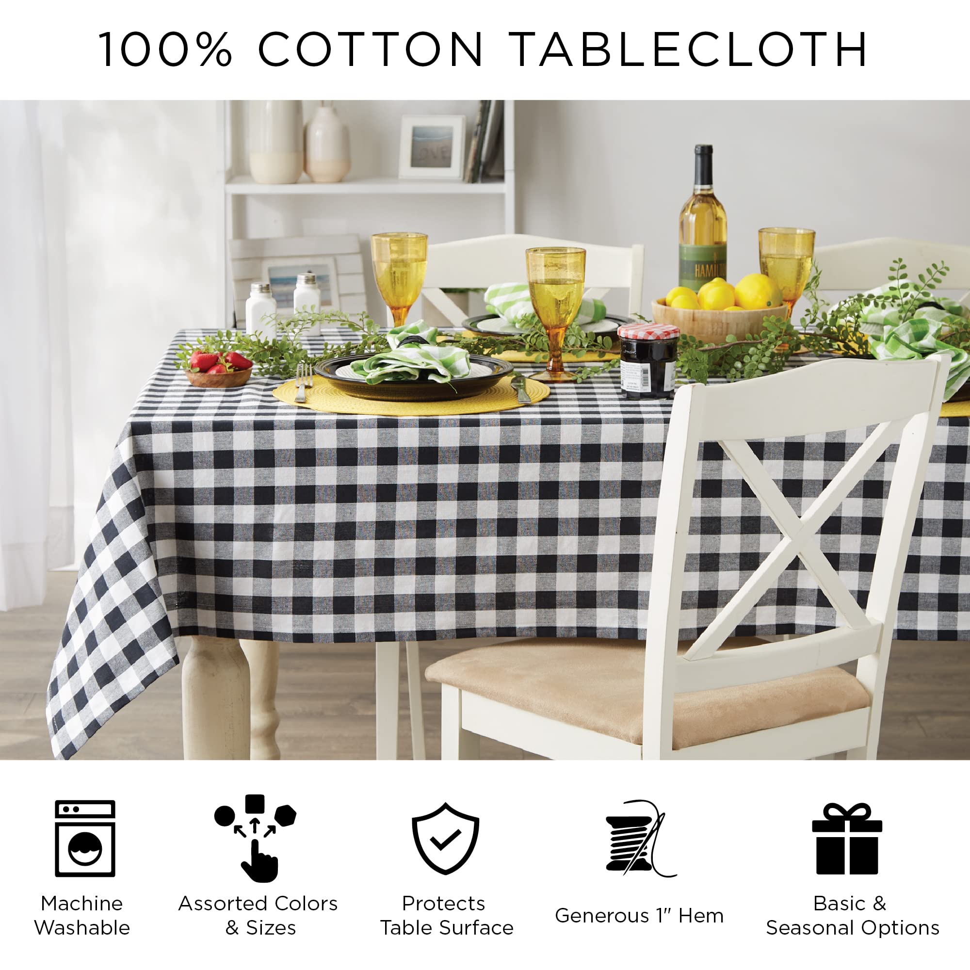 DII Checkered Tabletop Collection 100% Cotton, Machine Washable, Tablecloth, 70 Round, Gray